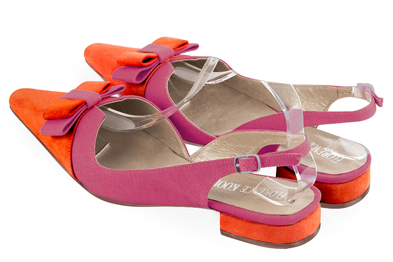 Clementine orange and hot pink women's open back shoes, with a knot. Tapered toe. Flat block heels. Rear view - Florence KOOIJMAN